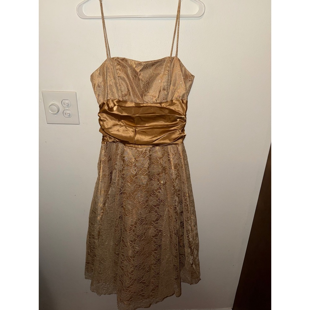 Masquerade Vintage Gold Shimmer Lace Cocktail Gown Midi Length Size 11/12